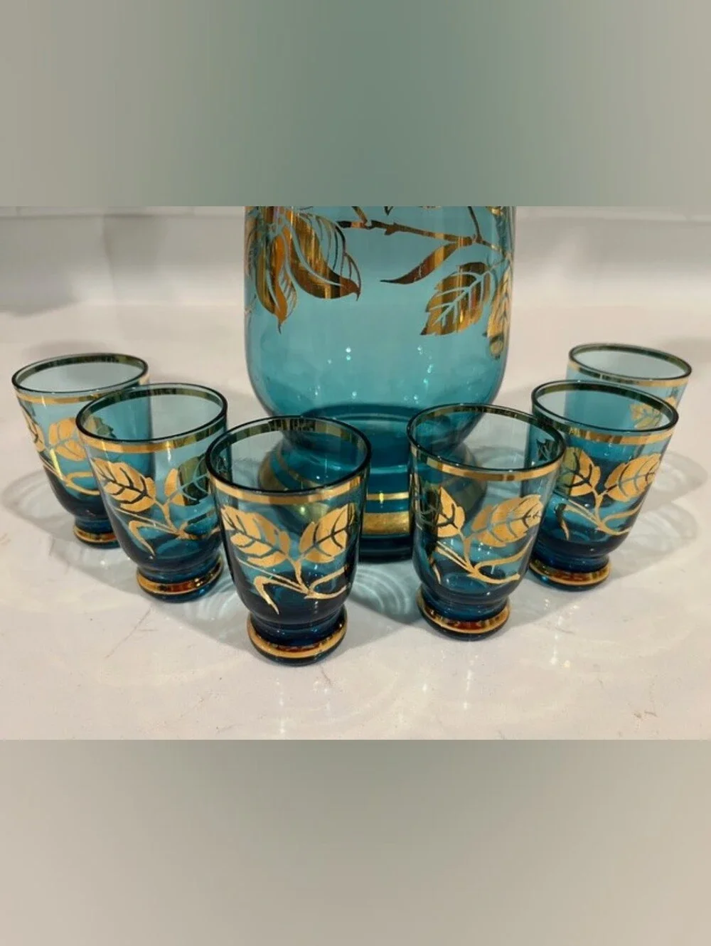 Vintage MCM Bohemian‎ Blue & Gold Gilded Liquor Decanter Set With 6 Glasses